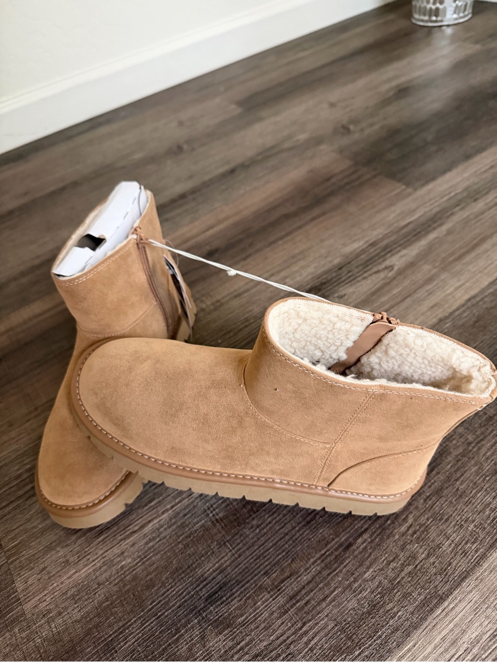 Tan Suede Sherpa-Lined Ankle Boots